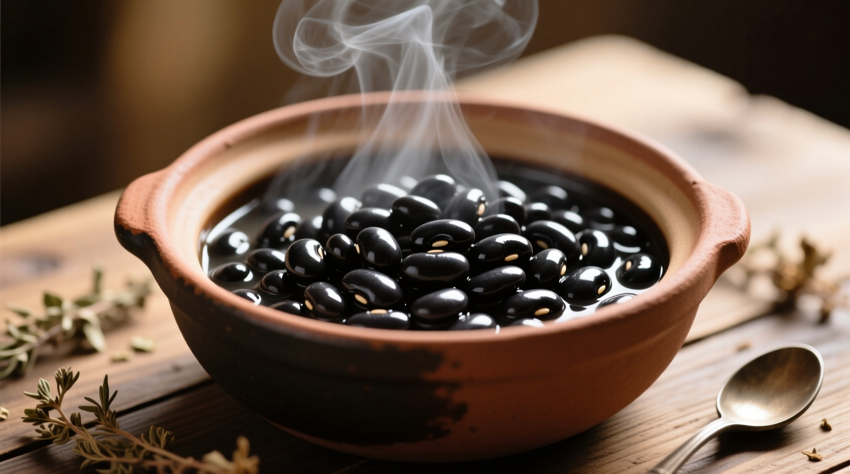Perfectly cooked black beans in a pot with steam rising