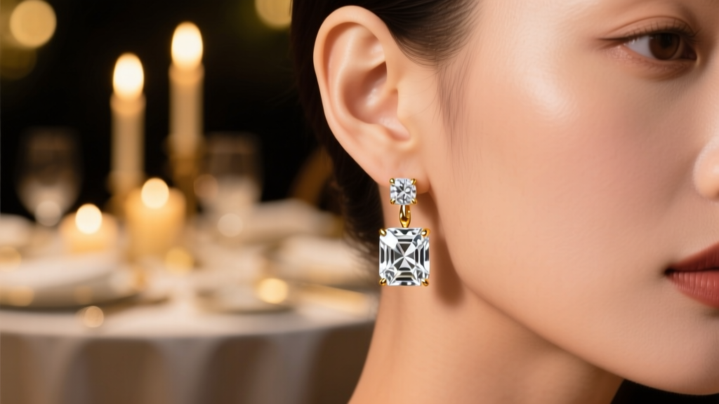 Earlobe wearing an Asscher cut diamond drop earring against a soft bokeh background of a romantic candlelit dinner setting.