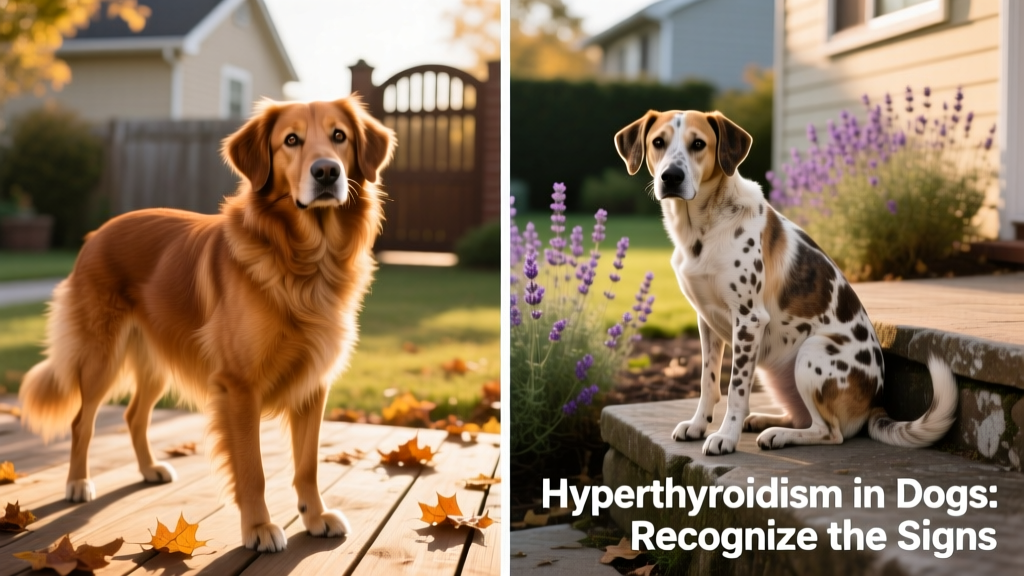 Side-by-side comparison showing a healthy dog’s glossy coat versus a dog with hyperthyroidism exhibiting patchy, dry fur
