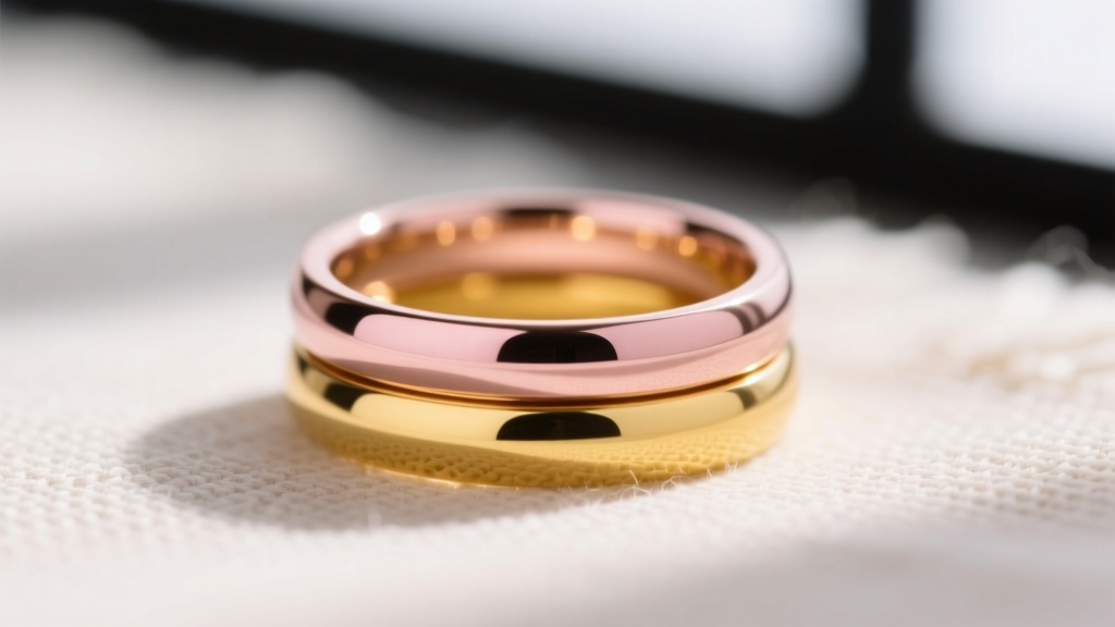 Macro shot of a 14k rose gold ring stacked with a yellow gold band, showing contrasting pink and warm metallic hues.