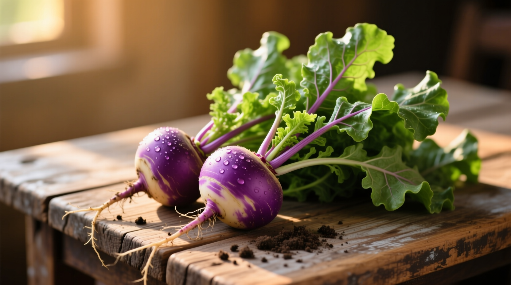 Fresh purple-top turnips with leafy greens on wooden table