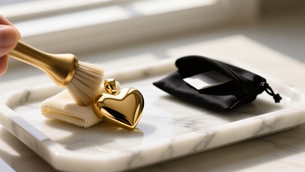 Microfiber cloth polishing a gold-plated brass heart pendant on a marble tray next to a small dark anti-tarnish storage pouch.