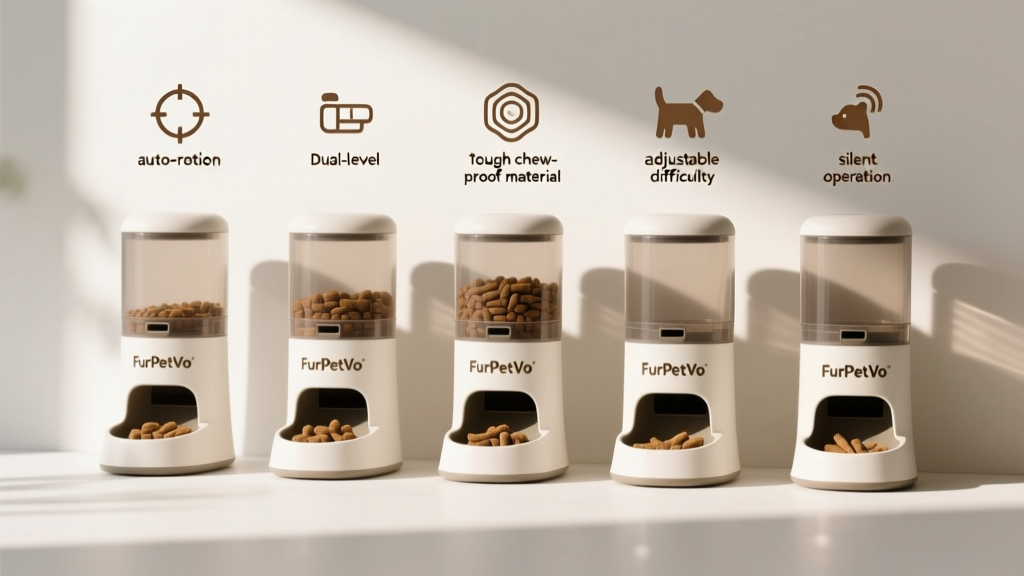 Side-by-side comparison of five FurPetVo treat dispensers on a clean white surface, labeled by name and key feature icons