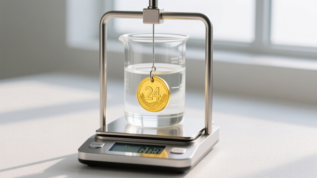 Hydrostatic scale weighing a suspended gold coin in distilled water to calculate specific gravity for jewelry authenticity testing.