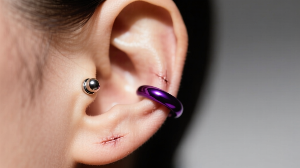 Side profile of a healed daith piercing wearing a 16-gauge anodized niobium captive bead ring in deep purple, showing tension