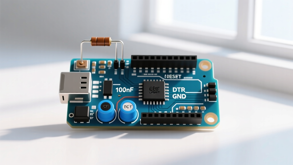 Schematic showing 10k pull-up resistor, 100nF DTR capacitor, and reset button on Arduino RESET pin