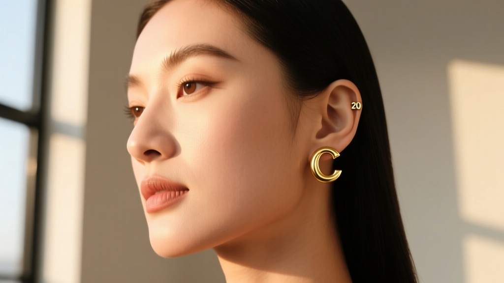 Profile of a woman wearing a 20-gauge solid gold letter C initial stud earring, softly illuminated by warm natural window light.