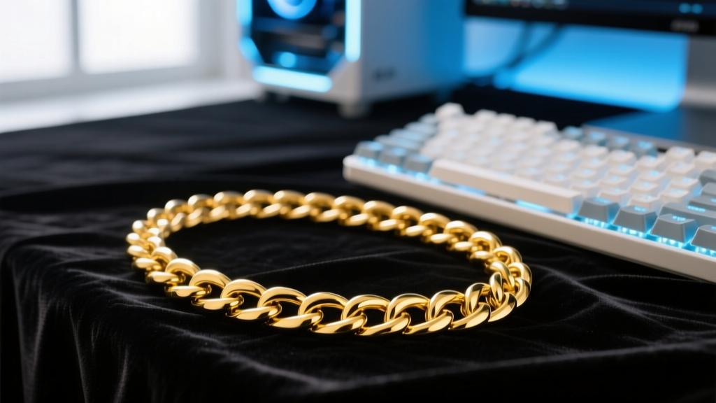 Thick 14k yellow gold Cuban link chain resting on dark velvet next to a blurred mechanical keyboard and glowing PC setup