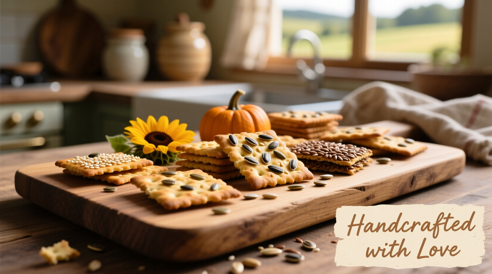 Homemade seed crackers on wooden board with seeds