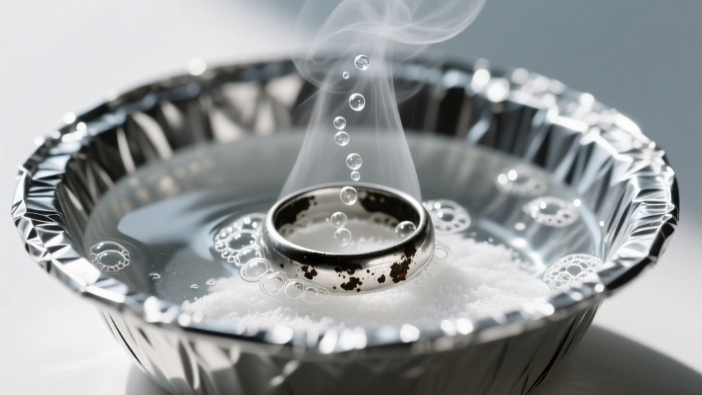 Aluminum foil bowl with hot water and baking soda, showing a blackened silver ring submerged and releasing tiny hydrogen bubbles.