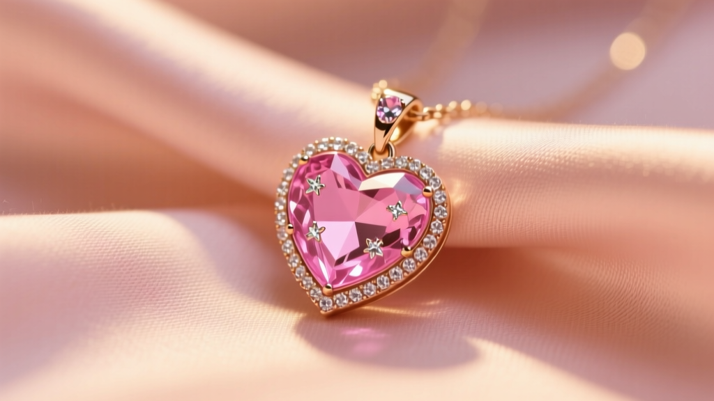 Macro shot of a pink Betsey Johnson heart pendant with glass crystals resting on blush silk fabric in soft, warm studio lighting.