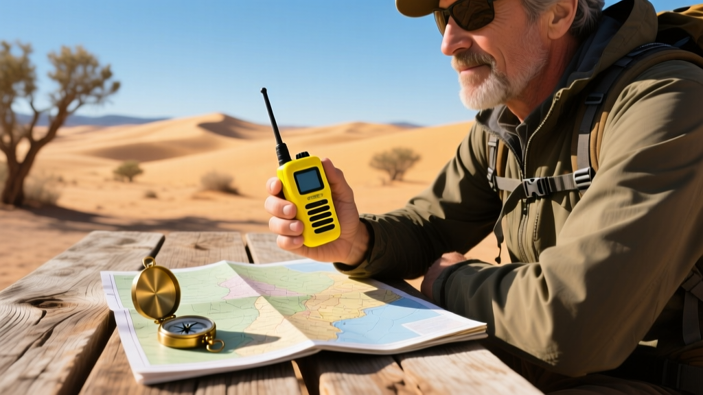 Backpacker holding a yellow satellite communicator next to a topographic map and compass on a wooden table at a desert trailhead