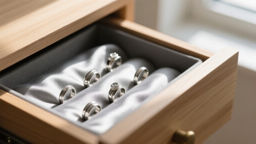 Close-up of Pacific Silvercloth lining in a drawer holding silver rings, showing the soft grey anti-tarnish fabric in warm light.