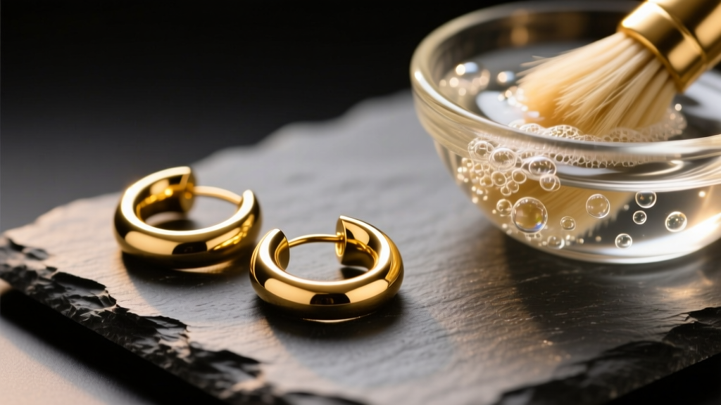 Macro shot of 14k yellow gold hoop earrings on dark slate next to a glass bowl of soapy water and soft brush, warm studio lighting.