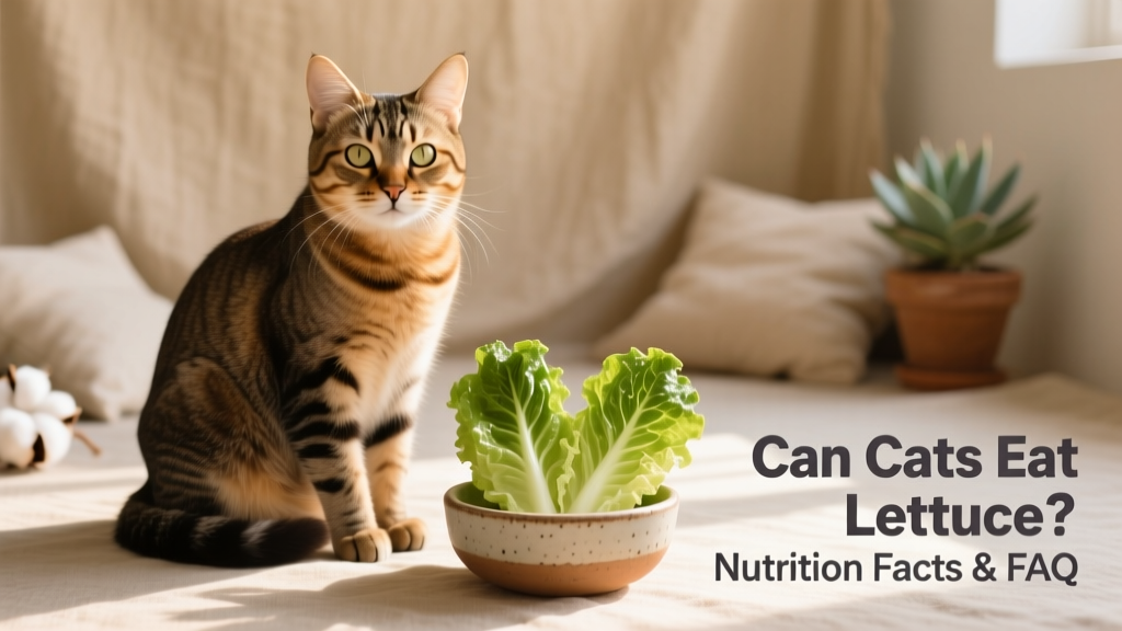 A happy, healthy adult cat sitting beside a small ceramic bowl containing two small, clean romaine leaves