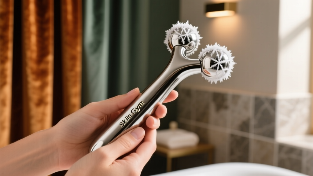 Hands holding the Skin Gym Cryo Sculpting Roller showing frost condensation on the stainless steel globes against a blurred warm spa background