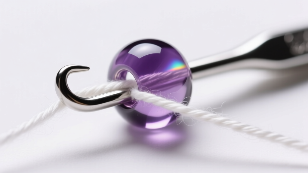 Macro shot of a 1.5mm steel crochet hook pulling white cotton thread through a 3mm amethyst bead under bright studio lighting.