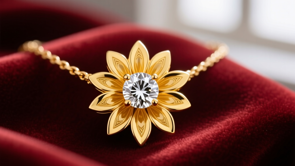 Close-up of a sunflower diamond necklace on velvet, featuring a round brilliant center and ten 18k yellow gold diamond petals.