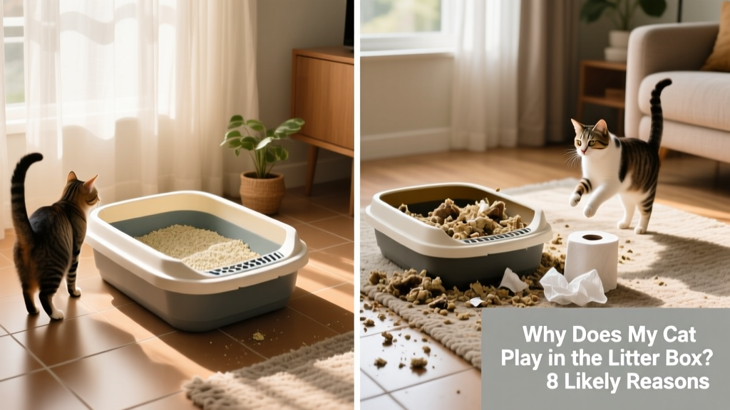 Side-by-side comparison of two litter boxes—one tidy and well-maintained, the other overflowing and disorganized—to illustrate hygiene impact