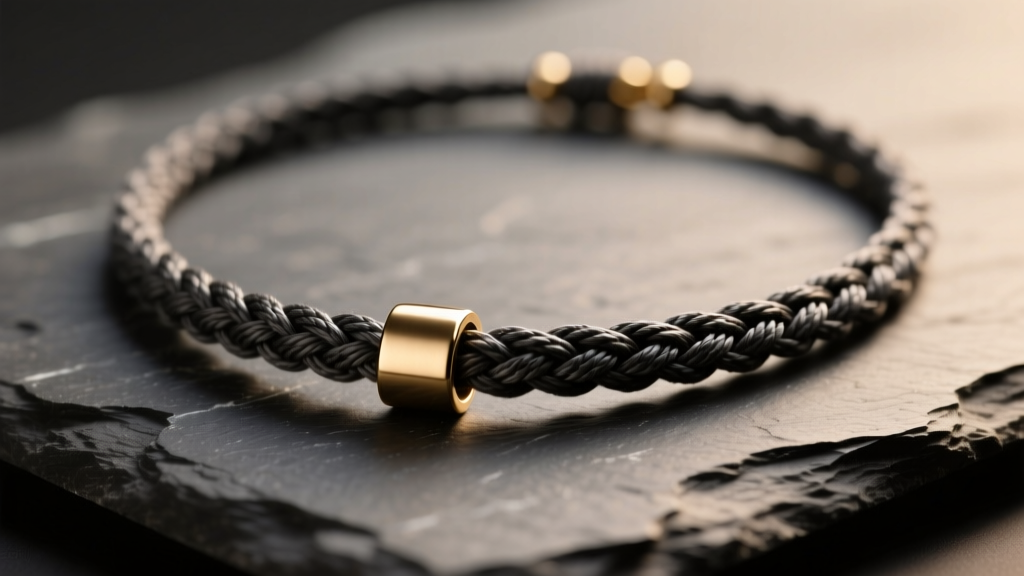 Macro shot of a braided charcoal linen twine necklace with a brass pendant on dark slate under soft studio lighting