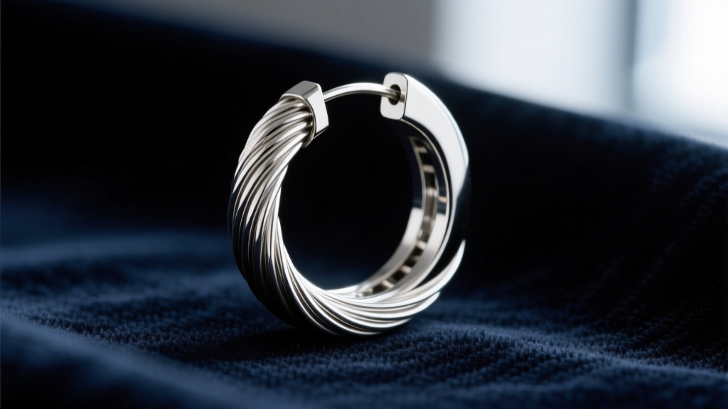 Macro shot of a continuous 35mm hoop earring wire tucking seamlessly into a hollow receiving tube against dark velvet