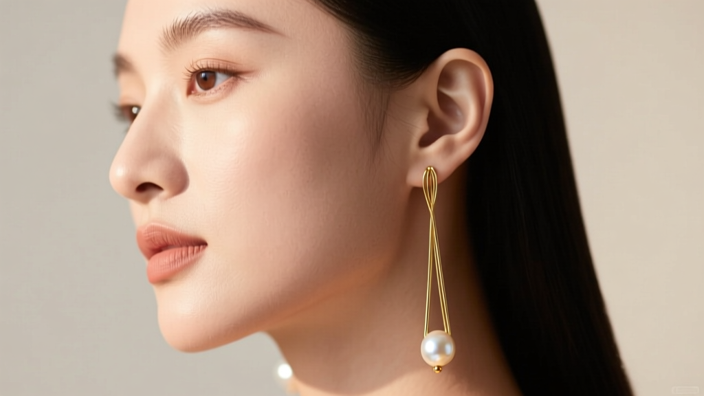 Side profile of a woman with a round face wearing elongated 14k gold wire real pearl drop earrings to create vertical length