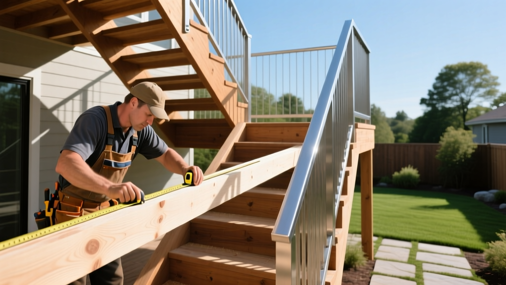Carpenter measuring pressure-treated lumber stringers for a multi-level composite deck staircase with aluminum railings