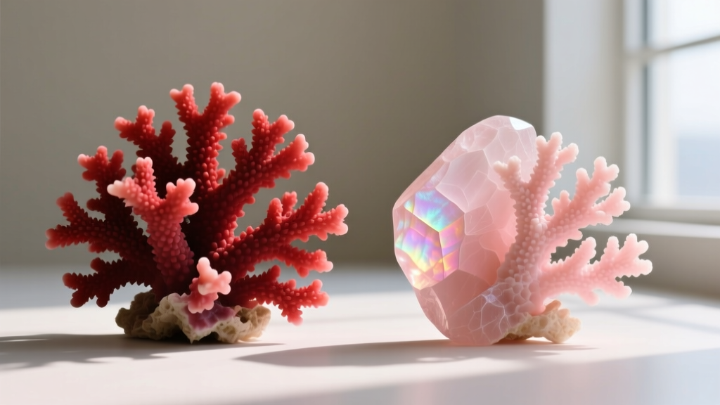 Side-by-side macro comparison of premium oxblood Aka coral showing deep crimson next to a lighter, lower-grade pinkish coral.
