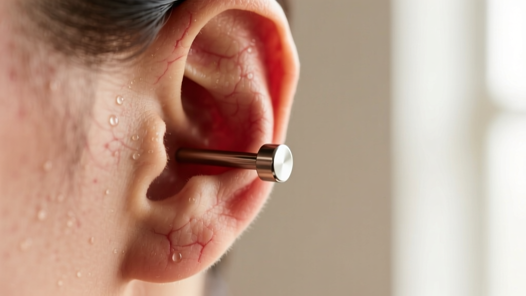 Macro shot of an irritated earlobe wearing a smooth titanium flat-back labret, soft lighting highlighting skin texture and metal