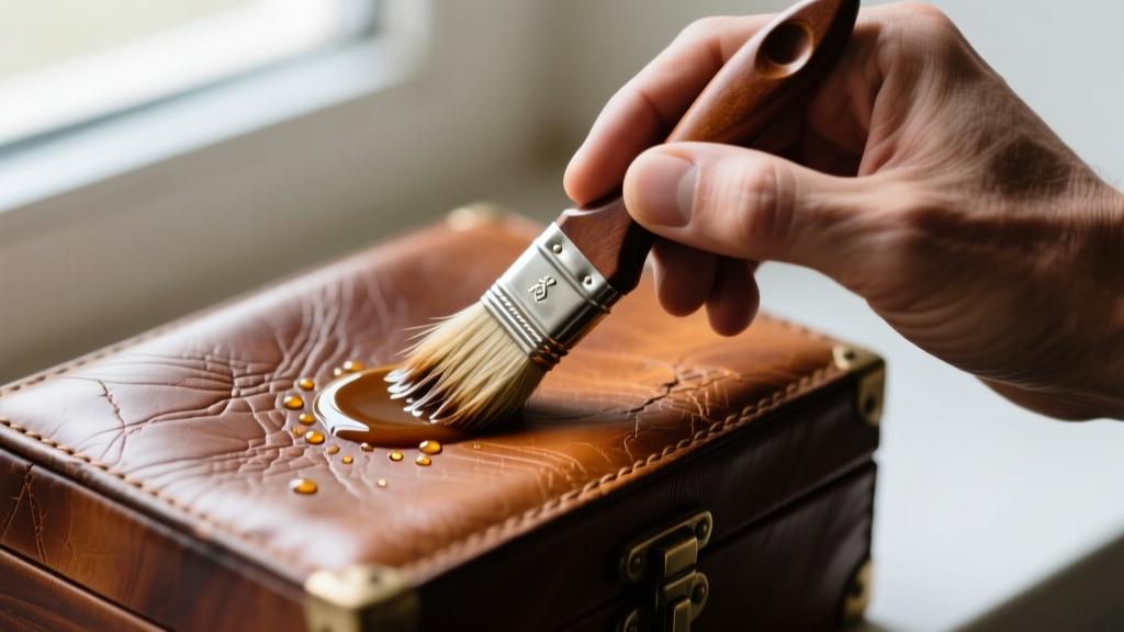 Close-up of a hand applying leather conditioner with a horsehair brush to the full-grain surface of a vintage leather box