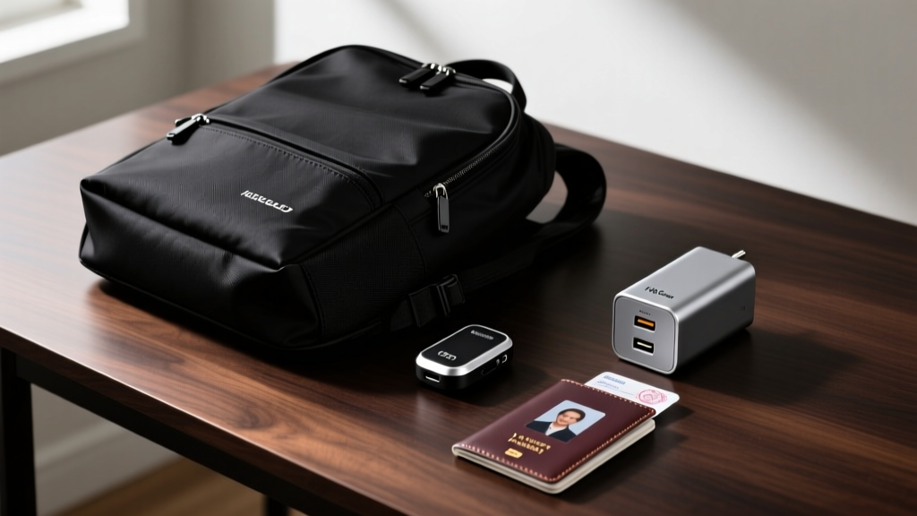 Flat lay of matte black smart travel backpack, ultra-wideband tracker, and 140W GaN charger on a dark walnut desk next to a passport