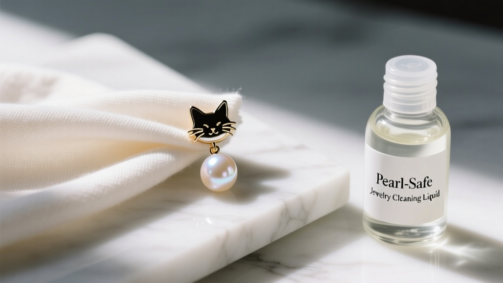 Soft cloth gently wiping a cat-shaped pearl drop earring, next to a small glass bottle of pearl-safe jewelry cleaning liquid