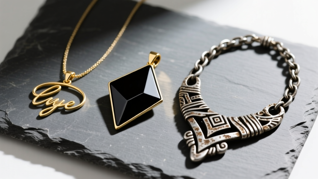 Flat lay on slate showing a fine-line script pendant, a geometric black enamel piece, and an oxidized silver tribal chain necklace.