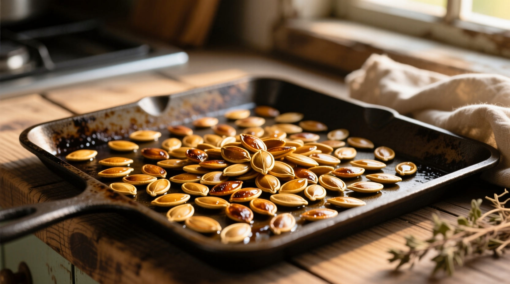 Golden brown pumpkin seeds roasting on baking sheet