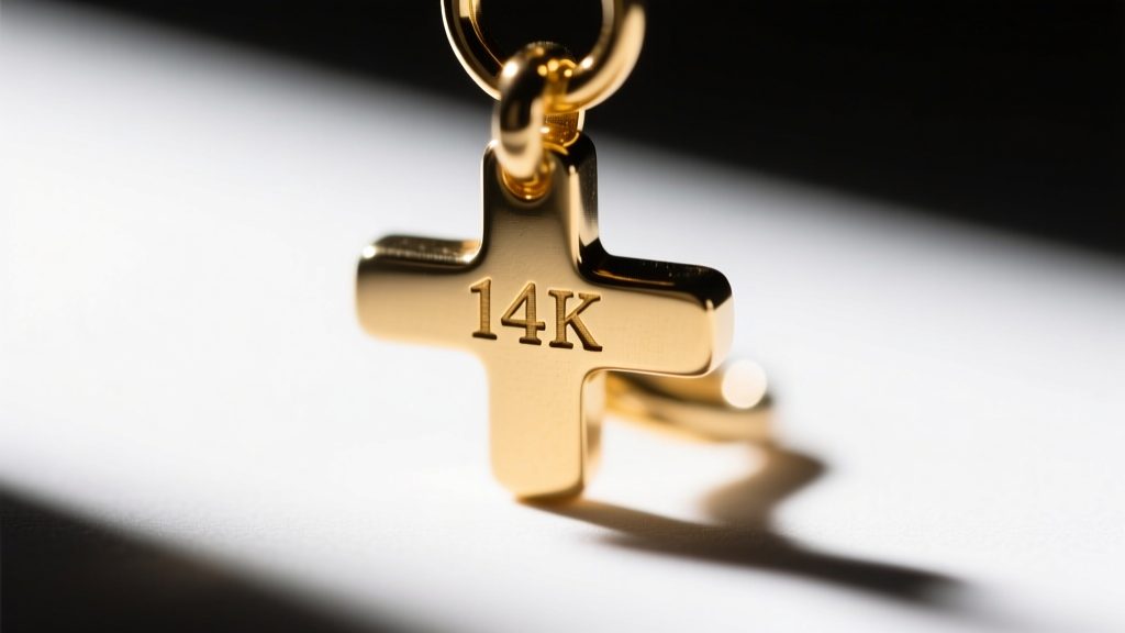 Macro photo of a tiny 14K hallmark stamped on the back of a gold cross pendant bail, illuminated by a directional jewelers light.