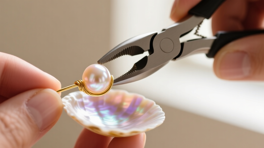 Hands using nylon-jaw pliers to bend 24-gauge gold wire around a peach pearl, avoiding scratches on the delicate nacre surface.