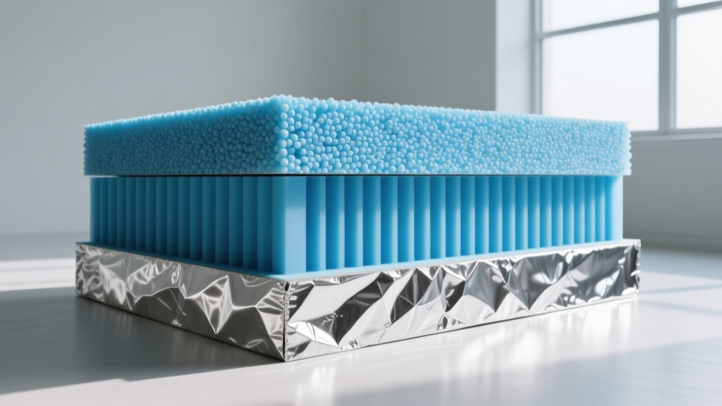 Stacked rigid foam insulation boards showing expanded polystyrene beads, extruded blue foam, and foil-faced polyisocyanurate layers