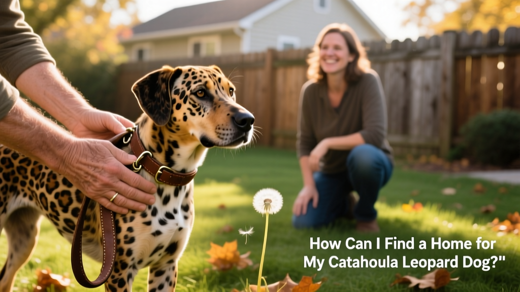 Two hands gently holding a leash attached to a calm Catahoula Leopard Dog during a quiet backyard meeting between owner and potential adopter