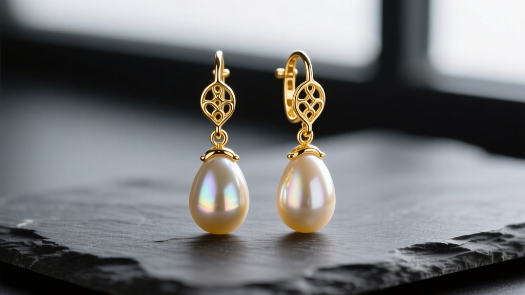 Macro shot of 14k gold vermeil drop earrings with teardrop pearls on dark slate, soft lighting highlighting metal clasp details.