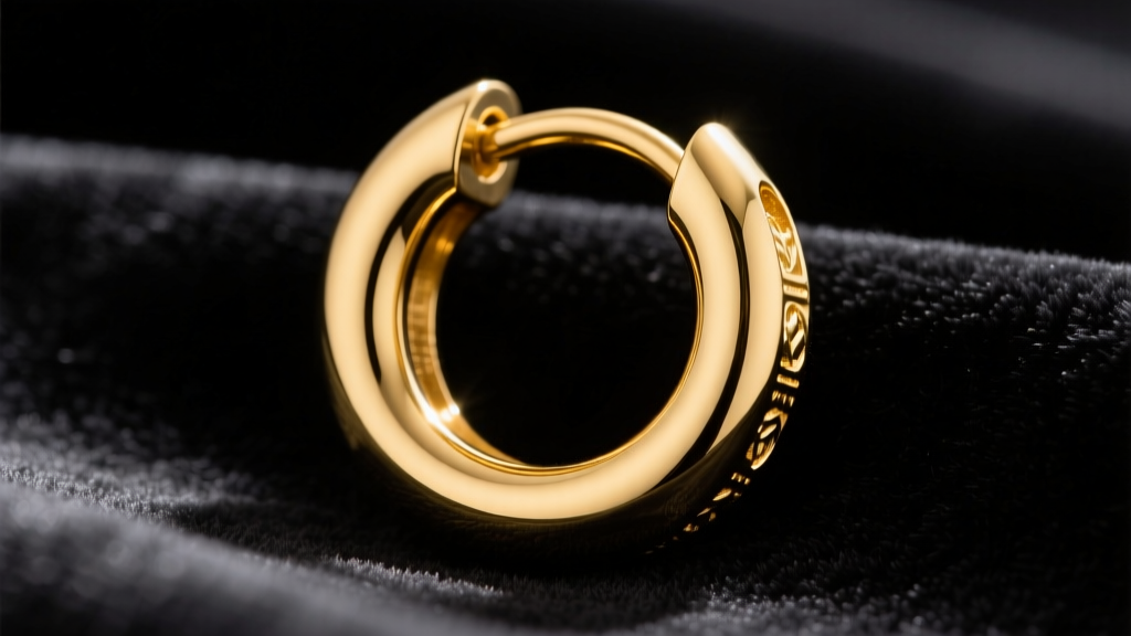 Macro shot of a 14k yellow gold hinge back huggie earring highlighting the seamless snap clasp against dark velvet