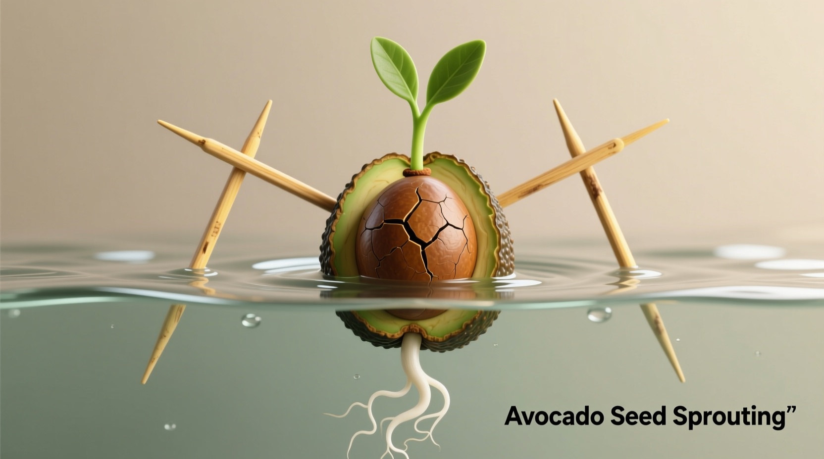 Avocado seed sprouting in water with toothpicks