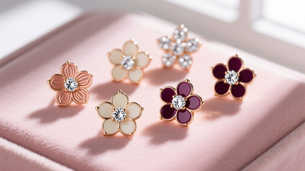 Top-down view of cold enamel flower studs with pavé diamond centers on blush velvet, illuminated by bright natural window light.