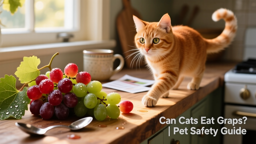 Close-up of red and green grapes on a kitchen counter, with a curious cat nearby but not touching them
