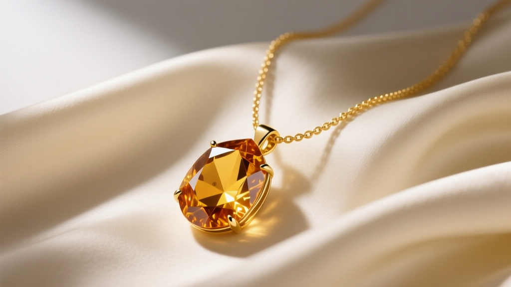 18k yellow gold necklace with a raw uncut Madeira citrine pendant on cream silk, lit by soft warm directional studio lighting