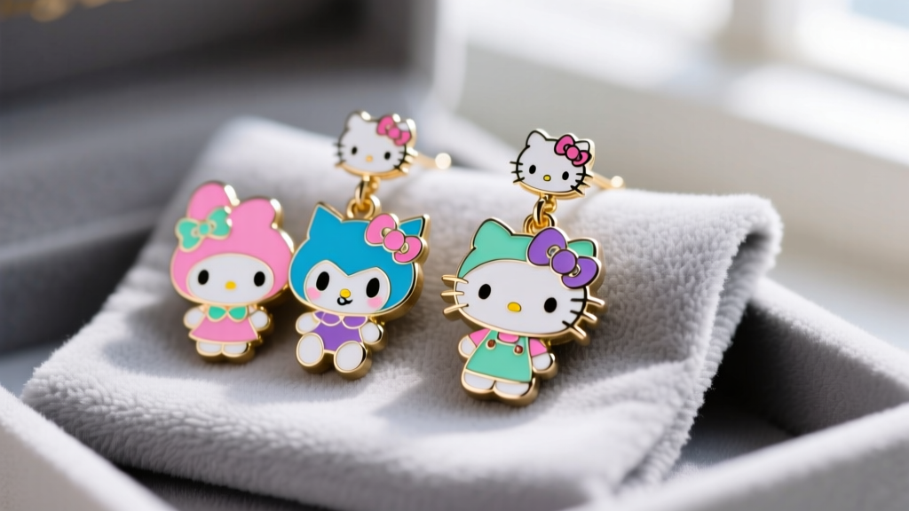 Colorful enamel anime and Sanrio crossover character earring set resting on a soft grey microfiber jewelry cleaning cloth.