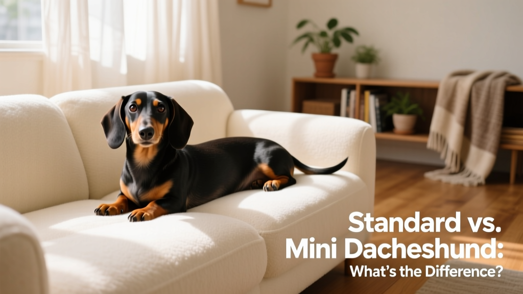 A cheerful Standard Dachshund resting comfortably on a cozy living room sofa, showcasing its expressive eyes and compact build