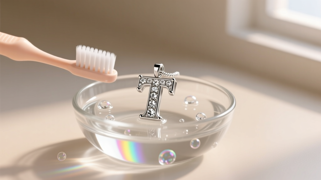 Soft baby toothbrush gently scrubbing a diamond silver T initial pendant submerged in a small glass bowl of mild soapy water.