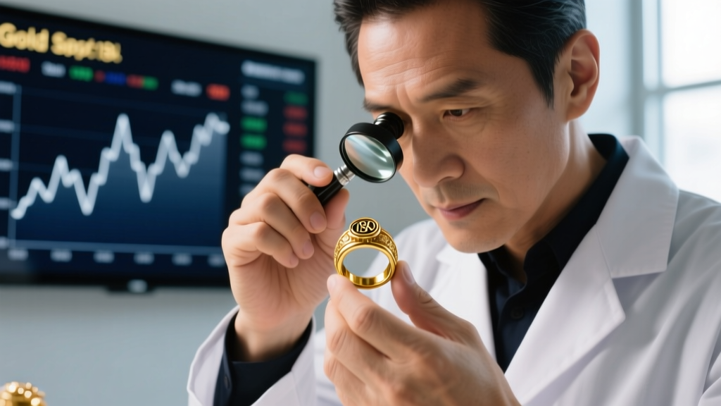 Jeweler examining the hallmark on an 18k gold vintage ring with a loupe, blurred background showing current gold spot price charts.