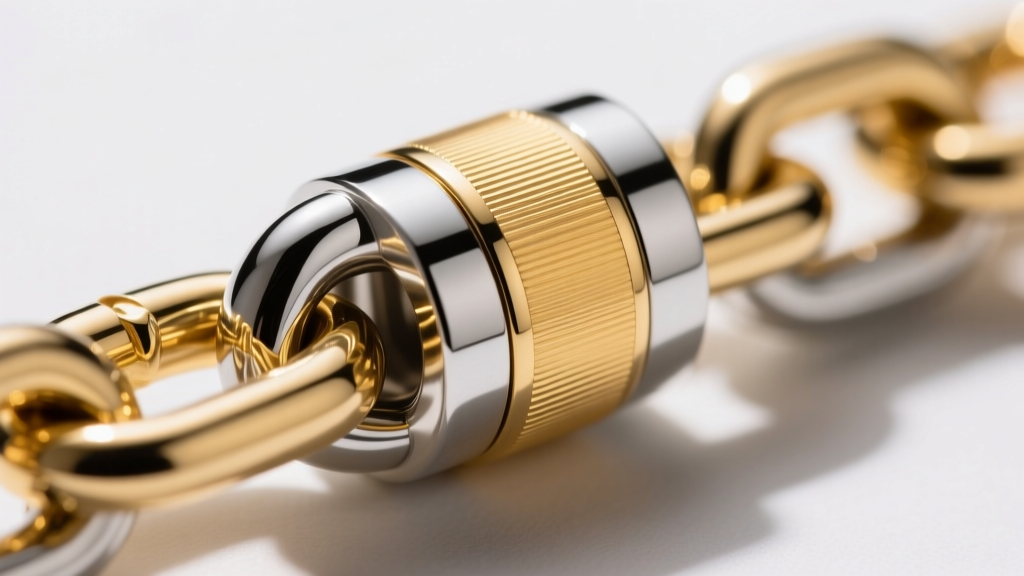Macro shot of a Parker chain link joint revealing 2.5 micron gold vermeil plating thickness over a polished sterling silver base.