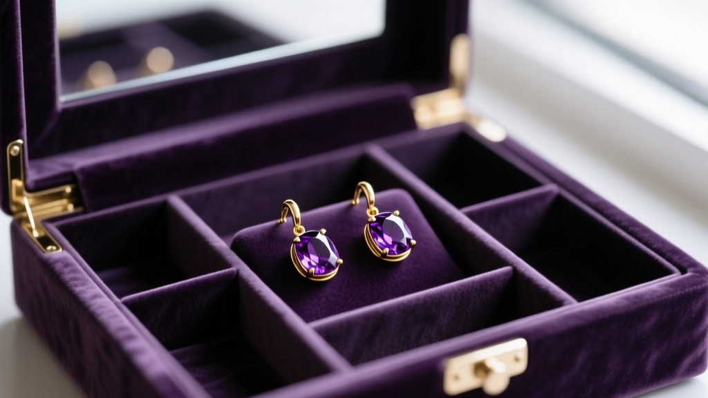 Velvet-lined jewelry box with separate compartments, holding amethyst gold dangle earrings safely stored away from harsh sunlight.